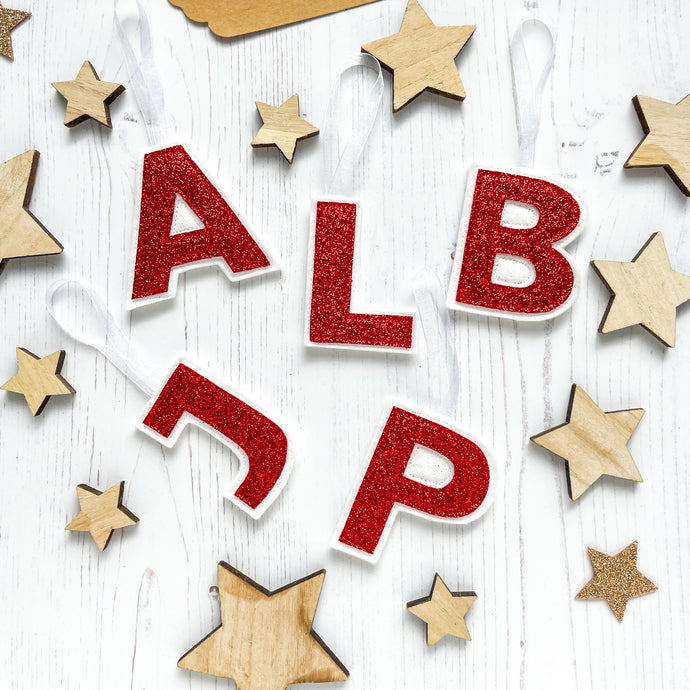 Red Glitter Letters - Christmas Gift Tags/Tree Decorations